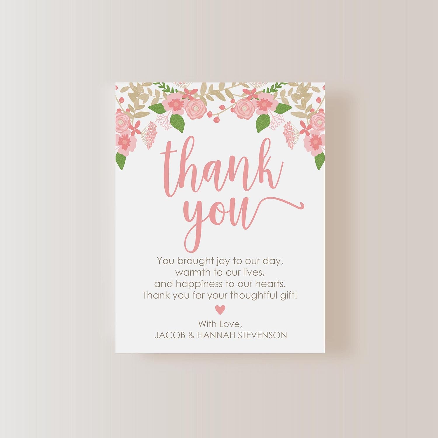 Personalized Wedding Thank You Cards, 4.25x5.5 Flat Thank You Note Cards with Pink Flowers, White Envelopes Included