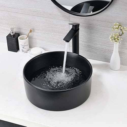 Miniatura 5 de Fregadero redondo con grifo negro y combo de drenaje, 16 x 16 pulgadas, moderno fregadero de baño sobre mostrador, fregadero redondo de cerámica
