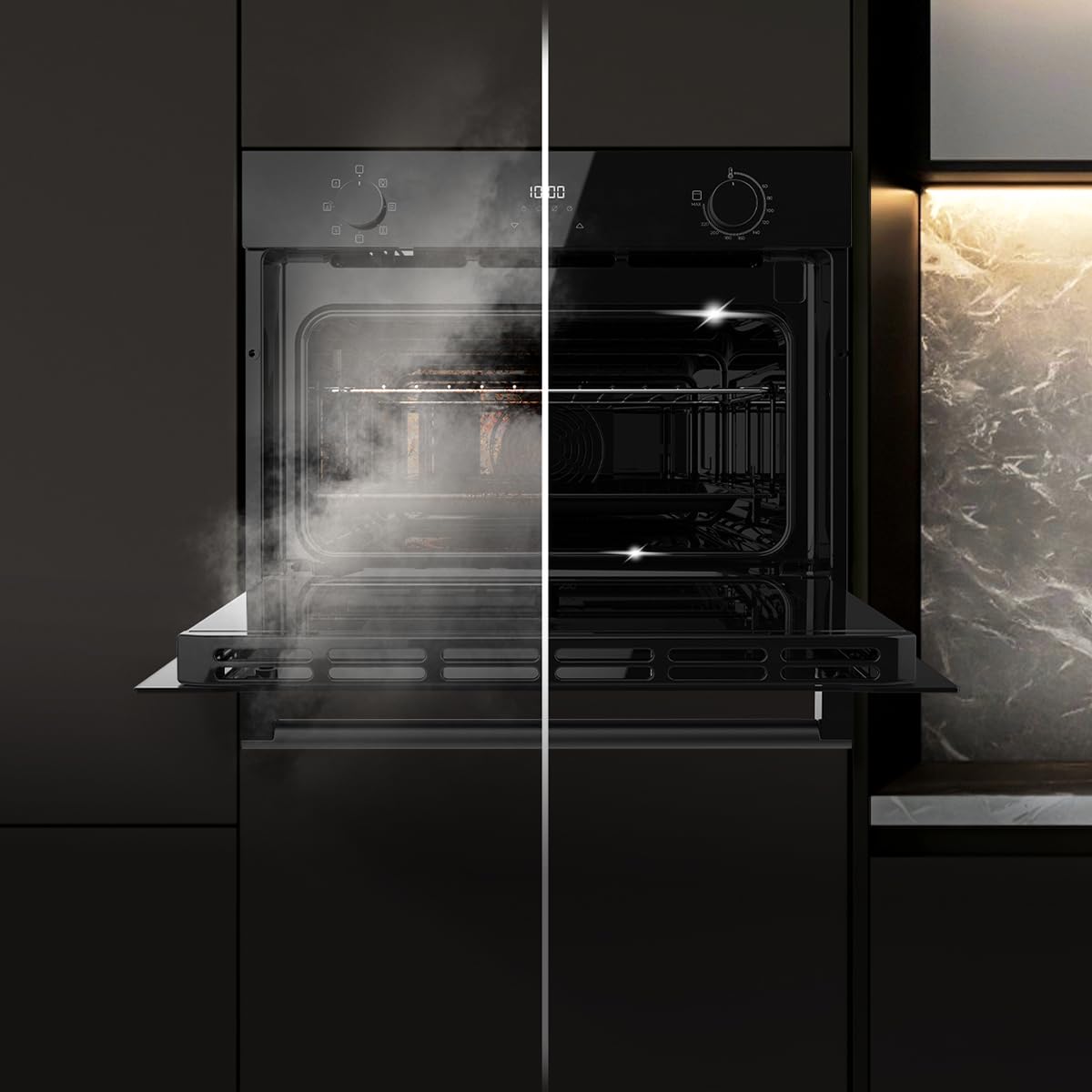 Cecotec Forno Incasso Multifunzione 53L Bolero Hexa M224500 Glass Black A. 2600W, 7 Funzioni con Grill, Defrost, Steam Assist, Basso Consumo, Facile Pulizia, Controllo Tattile, Ventilatore