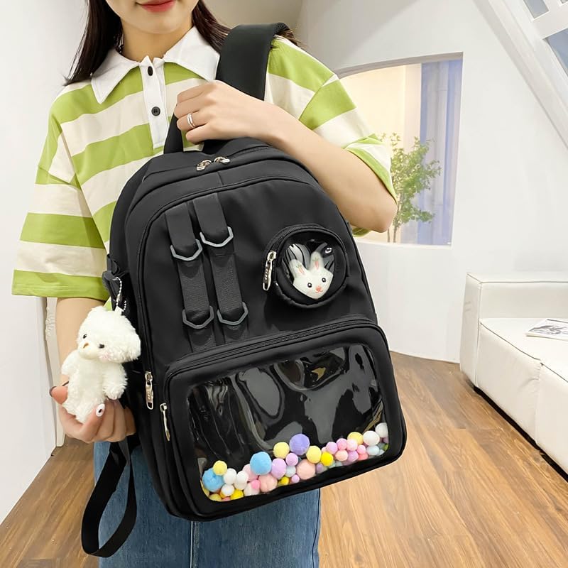 Miniatura 2 de Kawaii Ita - Mochila para mujer, bonita mochila transparente con ventana para laptop, para uso diario, bolsa de Lolita Cosplay, Negro -, Mochilas