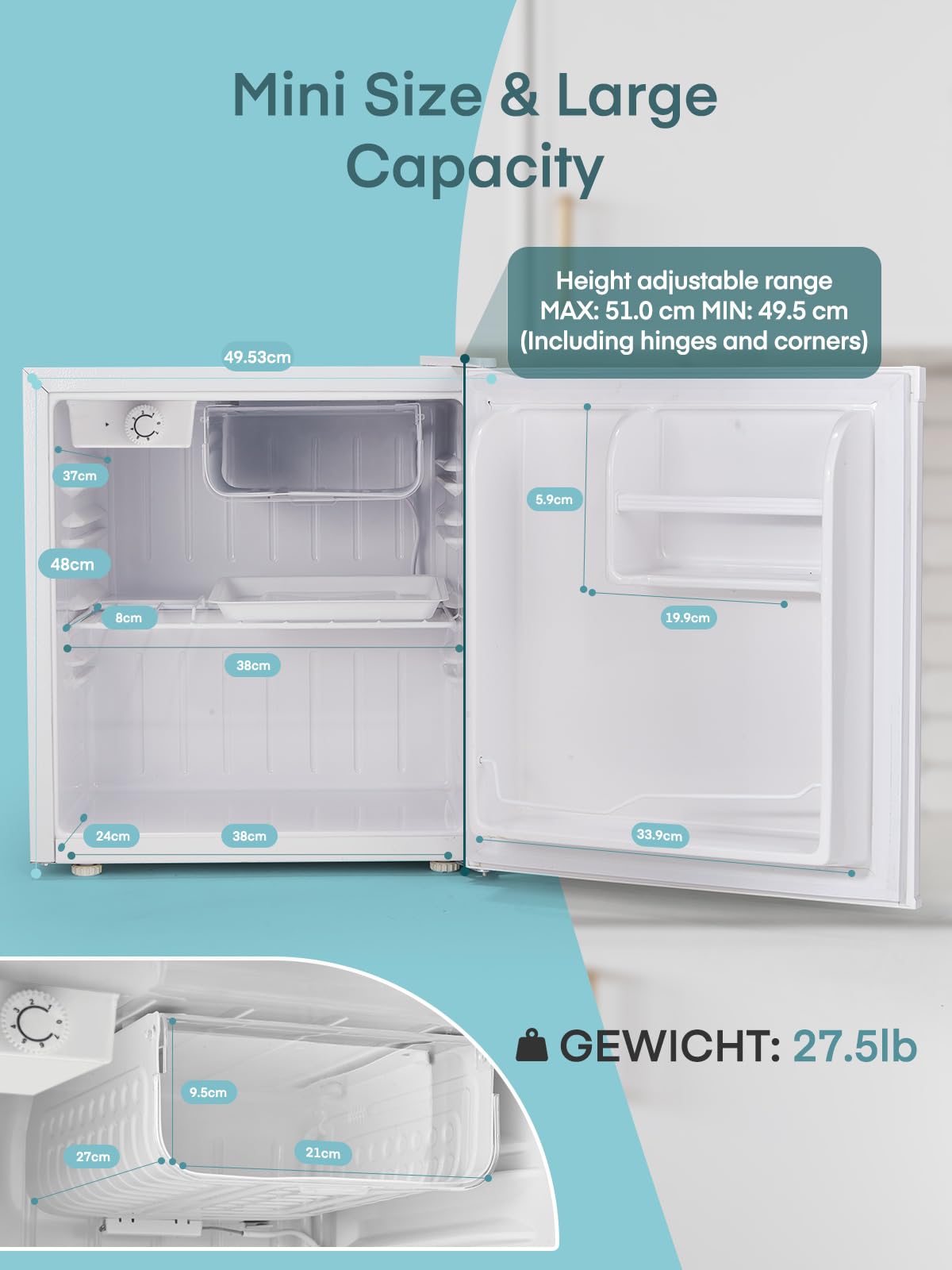 FOHERE Mini Kühlschrank 46L mit Eisfach | Getränkekühlschrank | Temperaturregelung, Energiesparend, Leise | Kühlschrank Klein Ideal für Küche, Büro, Schlafzimmer | Wechselbarer Türanschlag | Weiß