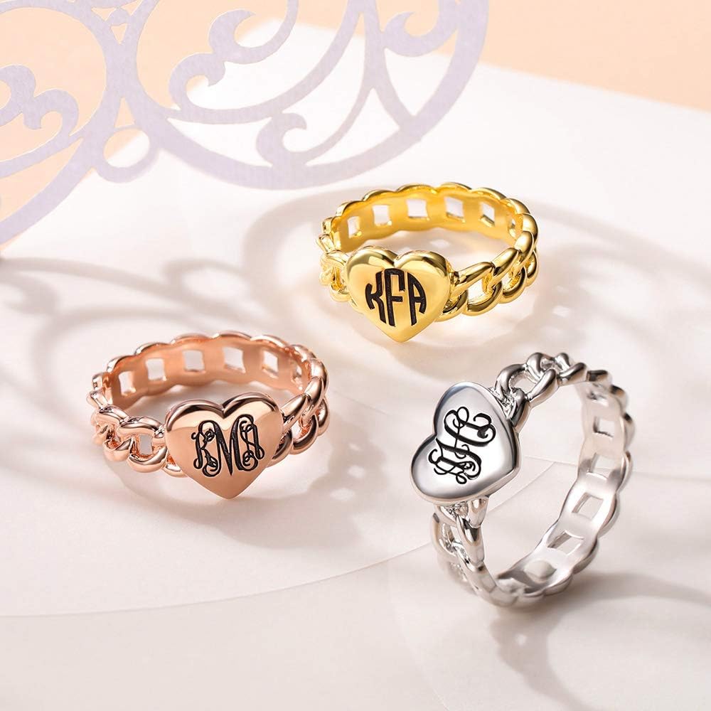 AILIN Custom Classic Heart Monogram Ring 925 Sterling Silver Personalized Engraving initials Rings Graduation Christmas Wedding Anniversary Mother’s Day Jewelry Gifts For Women Sister Wife Daughter