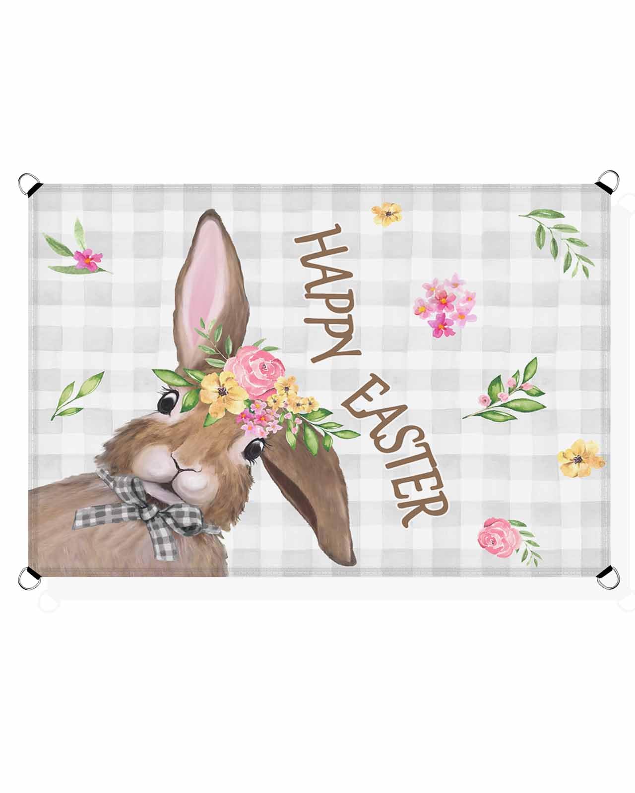 Boanket Sun Shade Sail 6.5' x 10', Grey Plaid Bunny Easter UV Block Sun Sails Shades for Outdoor Decor, Spring Floral Botanical Shade Cloth for Patio Deck Terrace Garden Lawns Beach Backyard