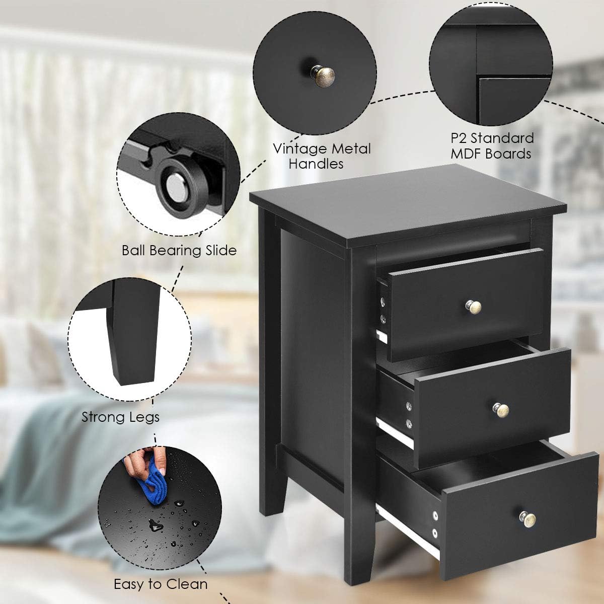 Giantex Nightstand W/ 3 Drawers Large Storage Space, Solid Structure and Stable Frame, Elegant Appearance, Suitable for Bedroom and Bedsides Table Accent Table End Table (2,Black) : Home & Kitchen
