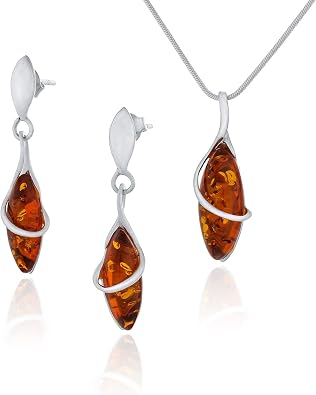 Small Womens Jewellery Set Marquise, Polished Sterling Silver, Baltic Amber in Cognac Colour, Silver Pendant on Chain and Earrings
