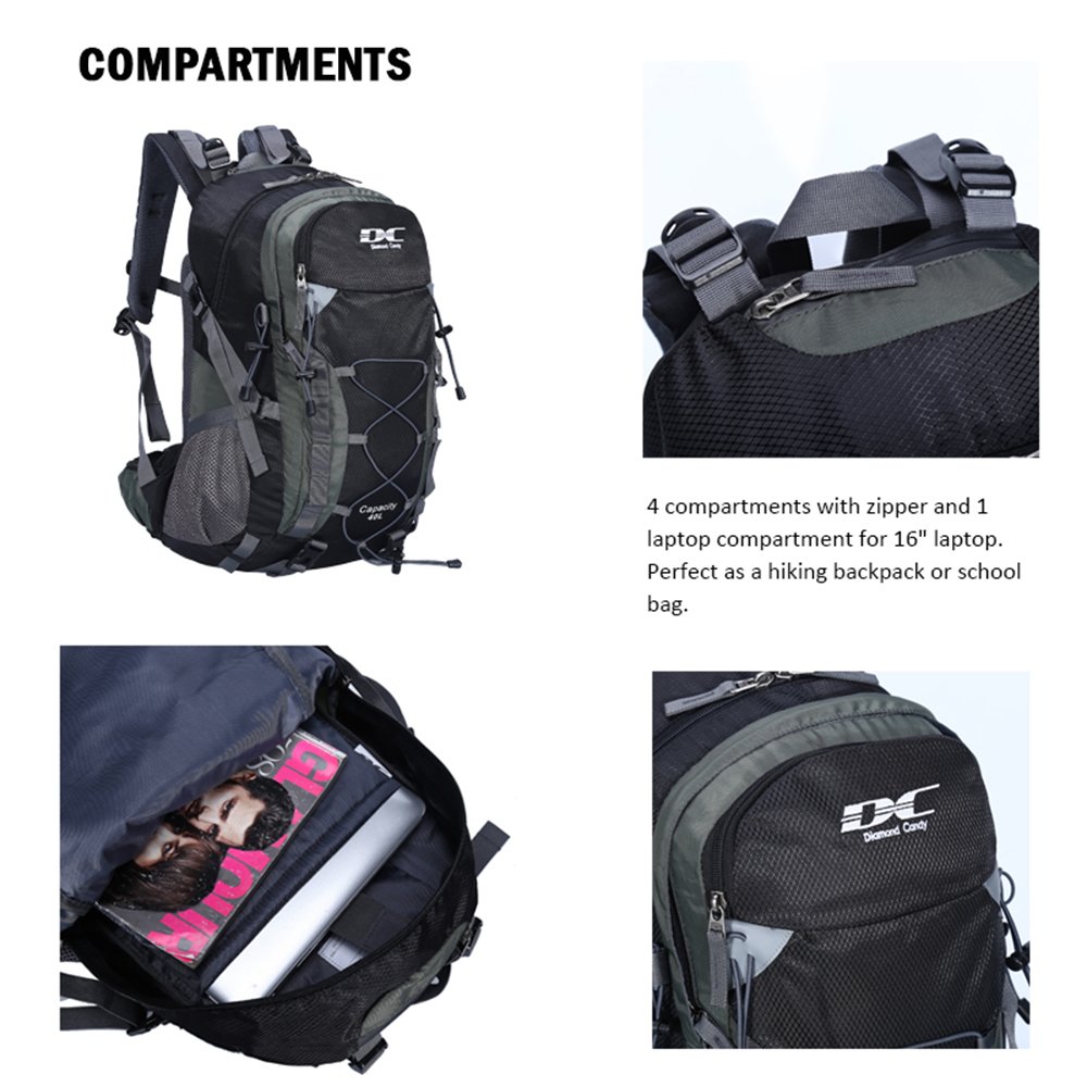 Mochila ultraligera, impermeable, ideal para senderismo, escalada, actividades en exteriores, viaje a bicicleta, montar a caballo y viajar, capacidad: 40 l, diseño Diamond Candy, color negro, tamaño Talla única | Gran capacidad, camping y viajes, parte tr