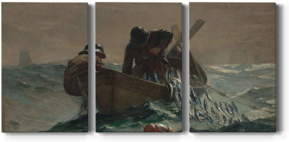 Premium Gallery 3 Panel Wrapped Canvas Art The Herring Net by Winslow Homer series of paintings of the sea unparalleled Decoration for Home and Office, Ready to Hang
