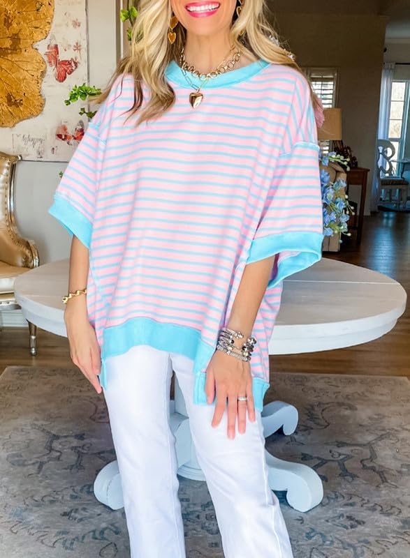 Image of SHEWIN Womens Tops Casual Short Sleeve Sweatshirt Crewneck Striped Shirt Pullover T Shirts Loose Blouses