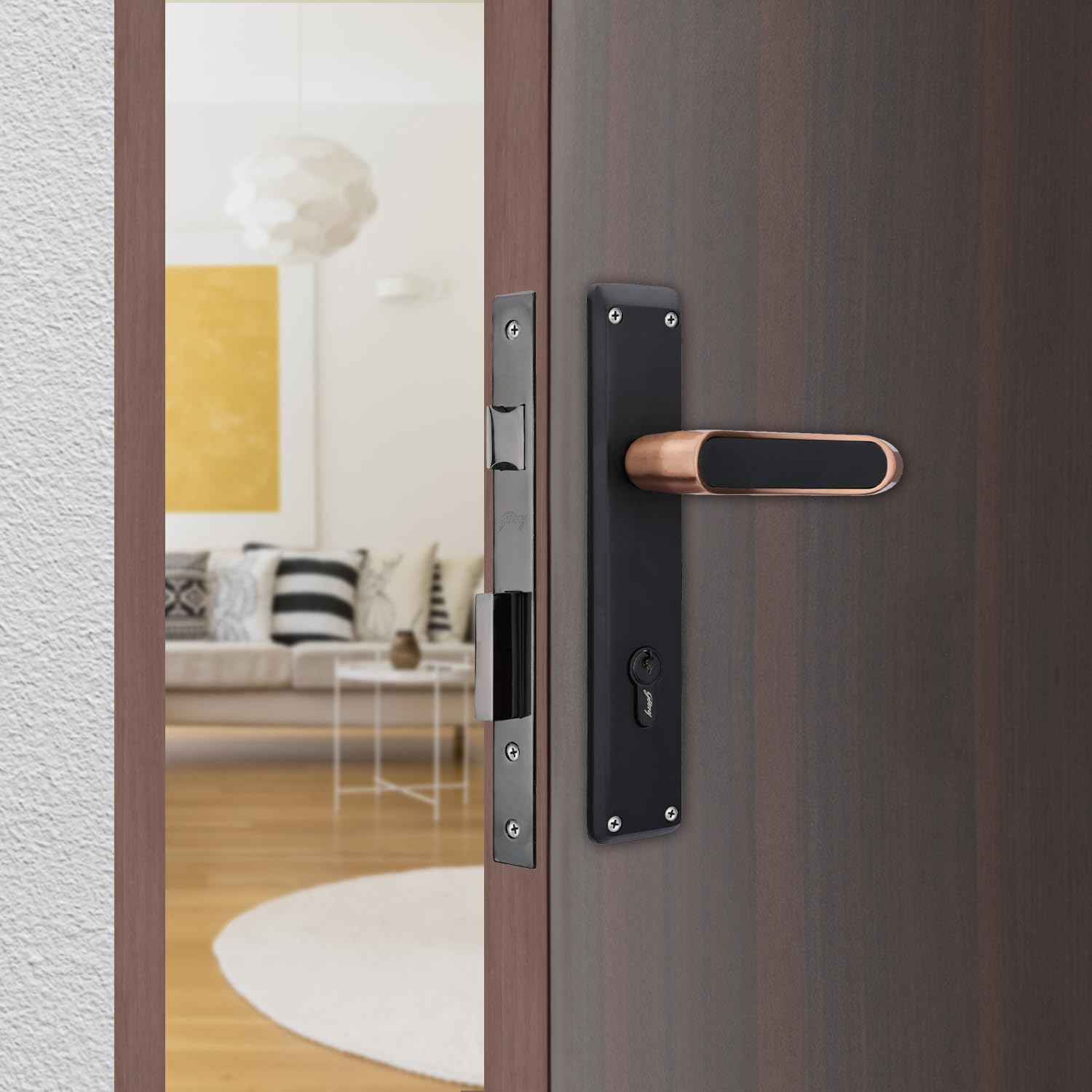 Godrej Mortise Lock|Handle Lock Set for Main & Internal Doors of Home & Office|NEH 21|Antique Brass Finish|10 Inch Lock Body | 60mm Cylinder, Outside Key & Inside Knob Operation|3 Keys|1Year Warranty
