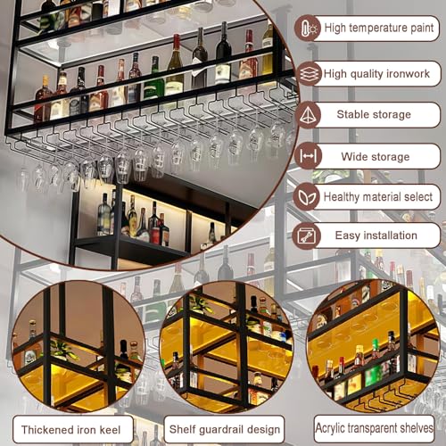 Image of 47.2IN Ceiling Wine Glass Rack with light, Acrylic Hanging Wine Rack with Glass Holder and Transparent Shelves, Wine Bottle Holder Goblet Stemware Racks Modern Home Bar Coffee Decor Rack(120CM)