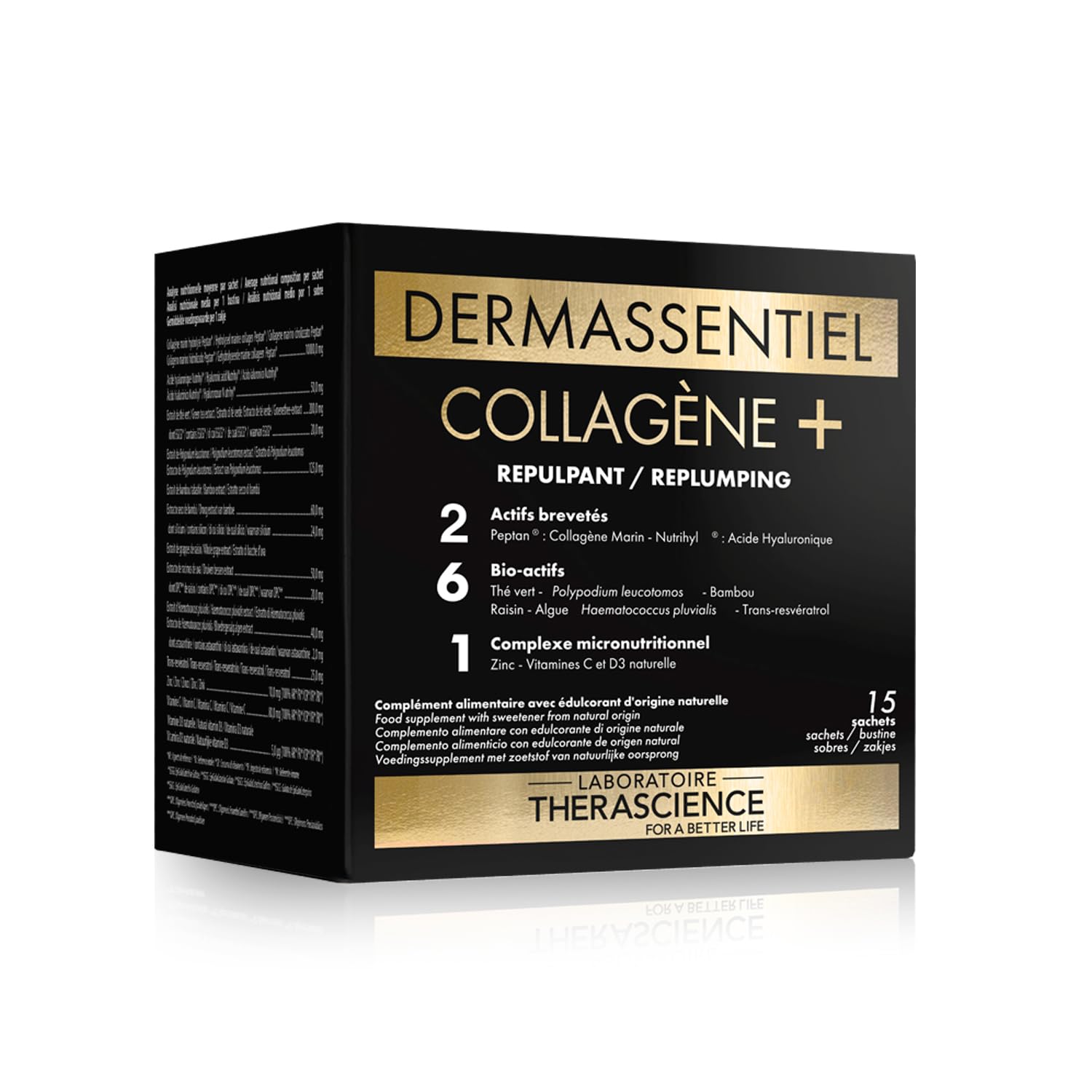 DERMASSENTIEL COLLAGENE+ | Rimpolpa e Rassoda | 10 g di Collagene marino idrolizzato Peptan® | Acido ialuronico Nutrihyl® | 6 Bio-attivi | Zinco + Vitamina C | 15 bustine | Laboratoire THERASCIENCE