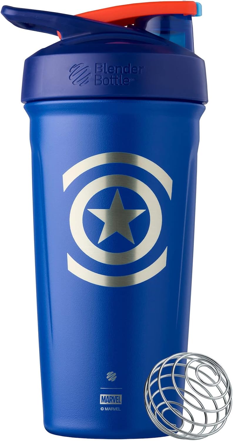 BlenderBottle Marvel Sport Insulated Stainless Steel Shaker Bottle with Wire Whisk, 24-Ounce, Captain America Shield  Protein Shakes & Hydration for Athletes & Fitness Enthusiasts, Easy Mixing, Keeps Drinks Cold, Lockable Lid