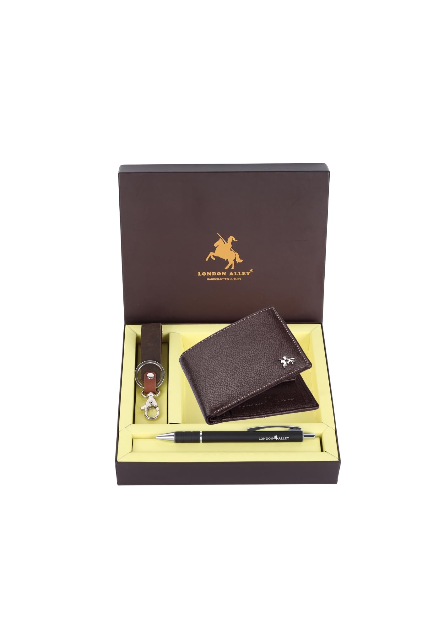 Kevin Classic Brown Leather Wallet, Keyring & Pen Combo Gift Set for Men | Gift Hamper for Men