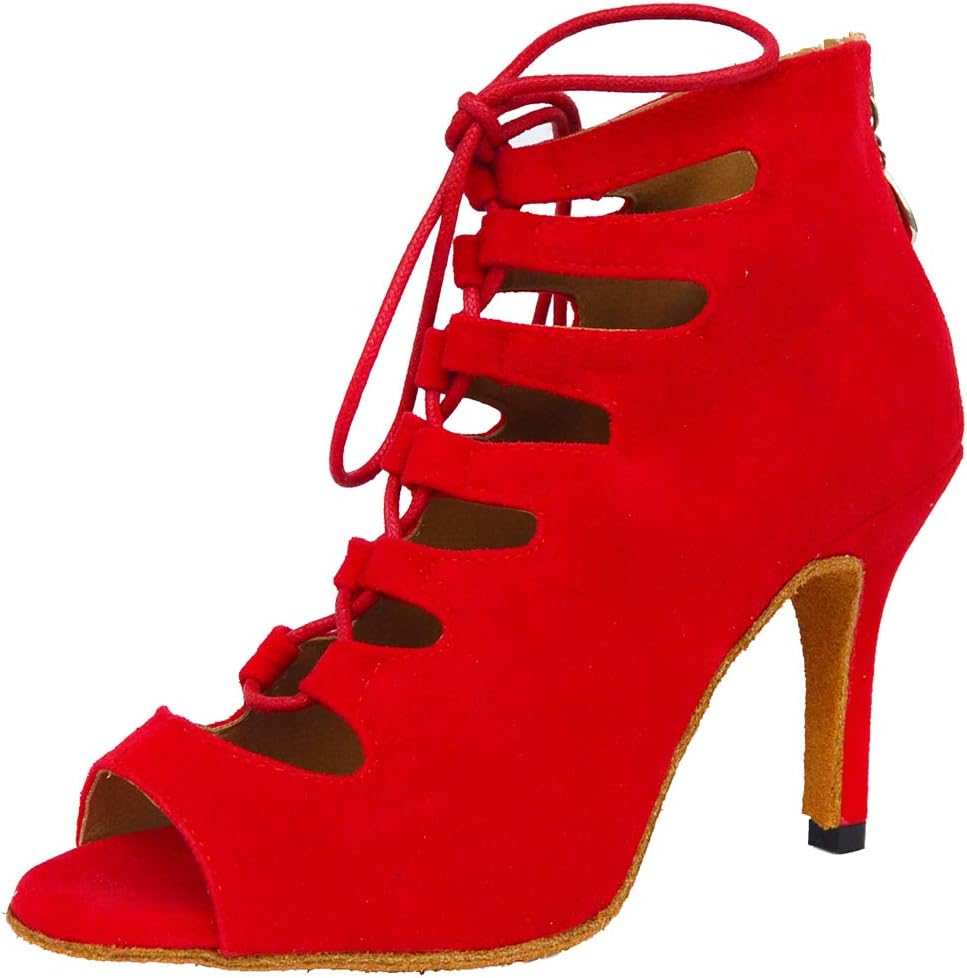 women Latin Dance Shoes Modern Dancing Boots High-heeled Soft Suede Lace Up Square Dance Ballroom Sandals Customized Heel - 8.5