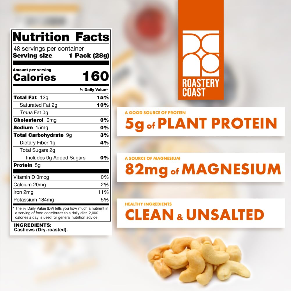 Roastery Coast - Just Cashews Unsalted | Individually wrapped snack (1 Oz each) | Whole Unsalted Cashews | Non-GMO, Gluten Free, Kosher | Cashew Nuts | Gourmet Snack | 48 Packs