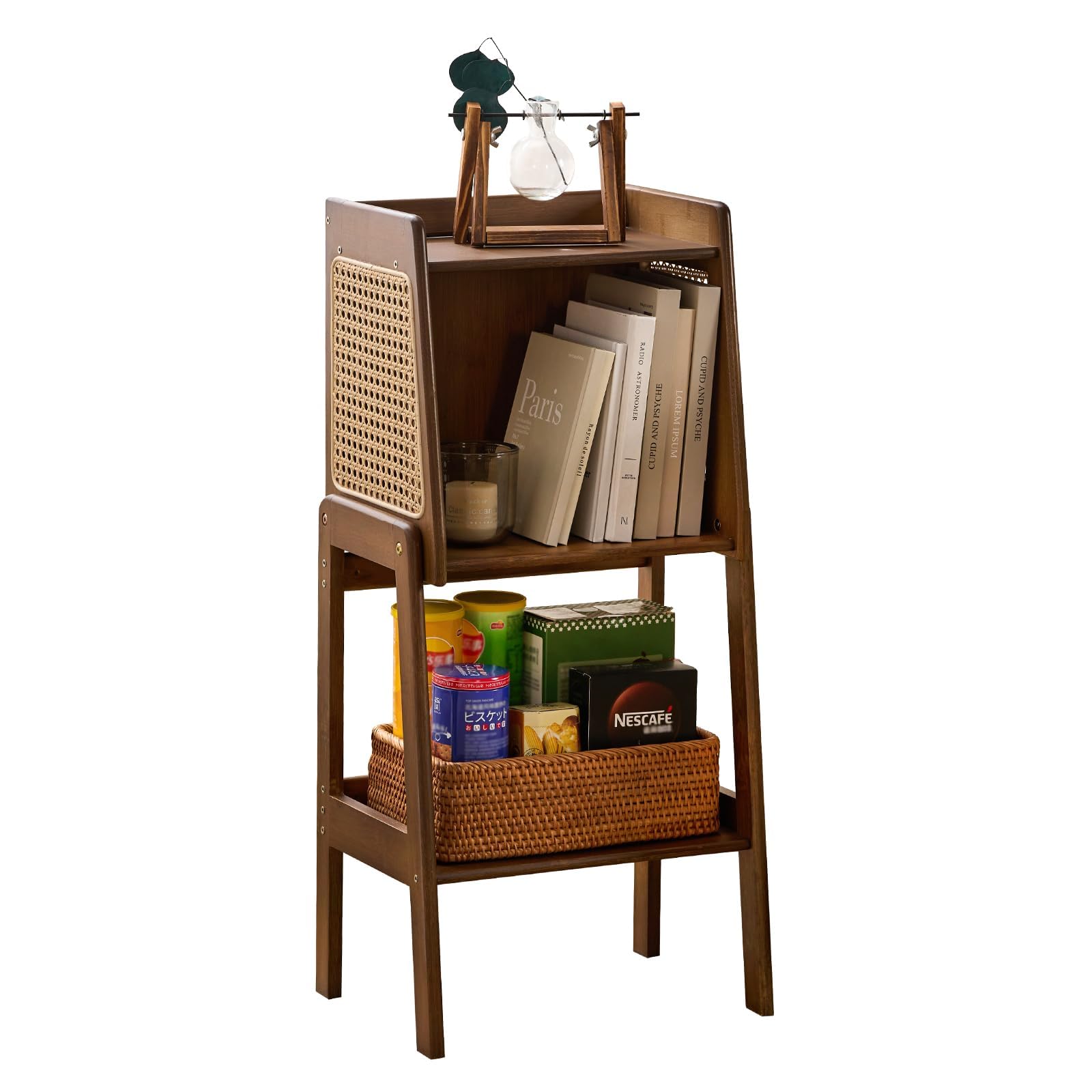 Welnow Bamboo Rattan Bookcase with Cabinet, 1-Tier Storage Shelf with Side Table & End Table Function, Large Modern Wood Organizer for Living Room or