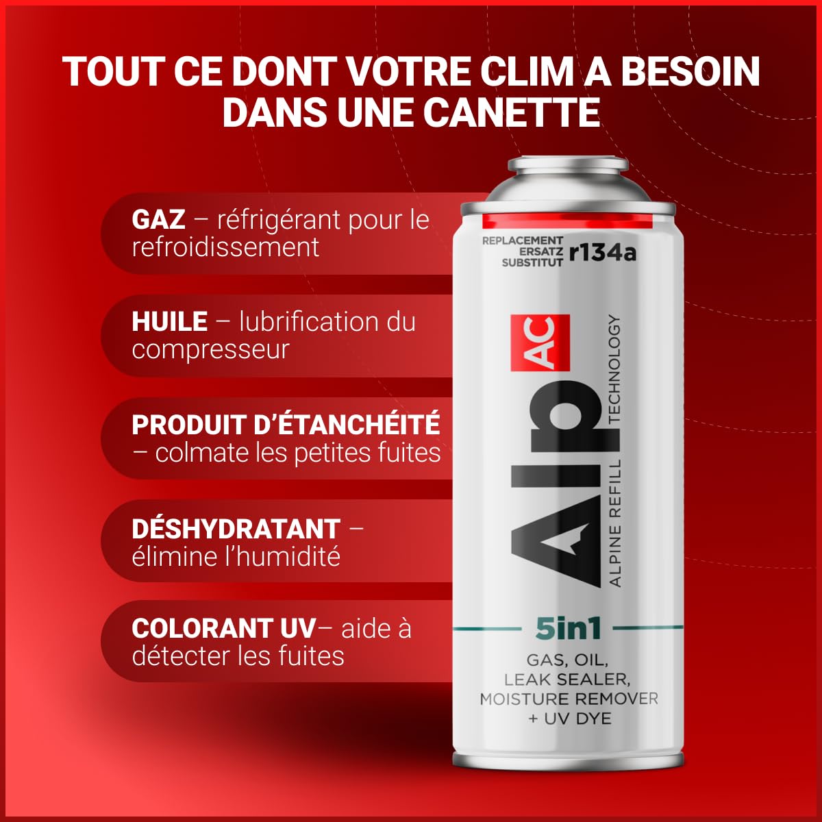 AlpAC 5-en-1 Recharge Climatisation Voiture R134a – Gaz Substitut avec Lubrifiant Compresseur, Anti-Fuite et Traceur UV – Kit Complet Entretien Clim Auto – Solution Économique DIY