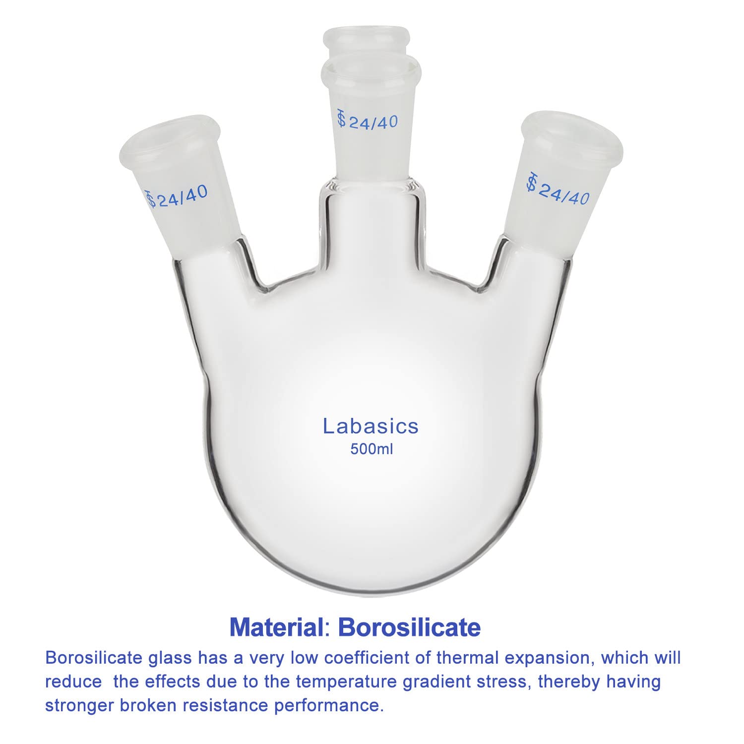 Labasics Matraz de Fondo Redondo 4 Cuellos, Vidrio Borosilicato Pared Gruesa, Junta 24/40, 500 ml