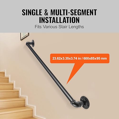 Miniatura 5 de VEVOR Pasamanos de escalera de tubo, pasamanos de escalera de 2 pies, barandilla de tubo de acero al carbono con capacidad de carga de 440 libras,