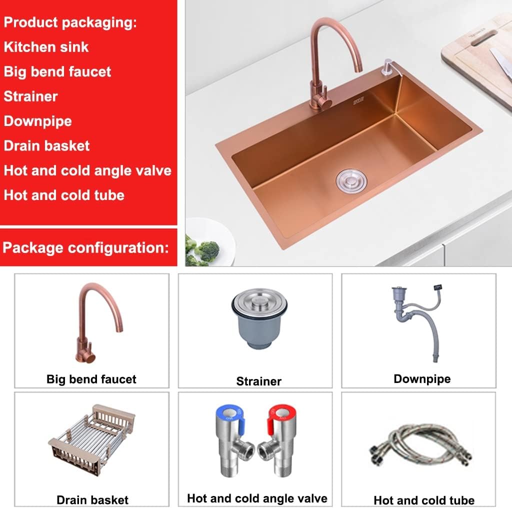 Kitchen Sink. Single Bowl Stainless Steel Bar Or Prep with A Big Bend Faucet & Drainage Components(Rose Gold 60x45x21cm) (Rose Gold 68x45x21cm)