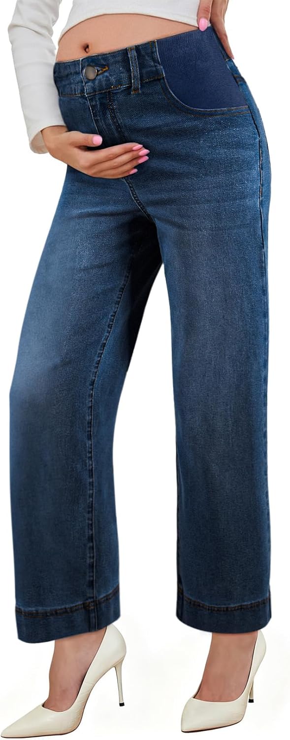 BLENCOT Women's Maternity Jeans High Waisted Wide Leg Stretchy Denim Pants Pregnancy Clothes - Image 4