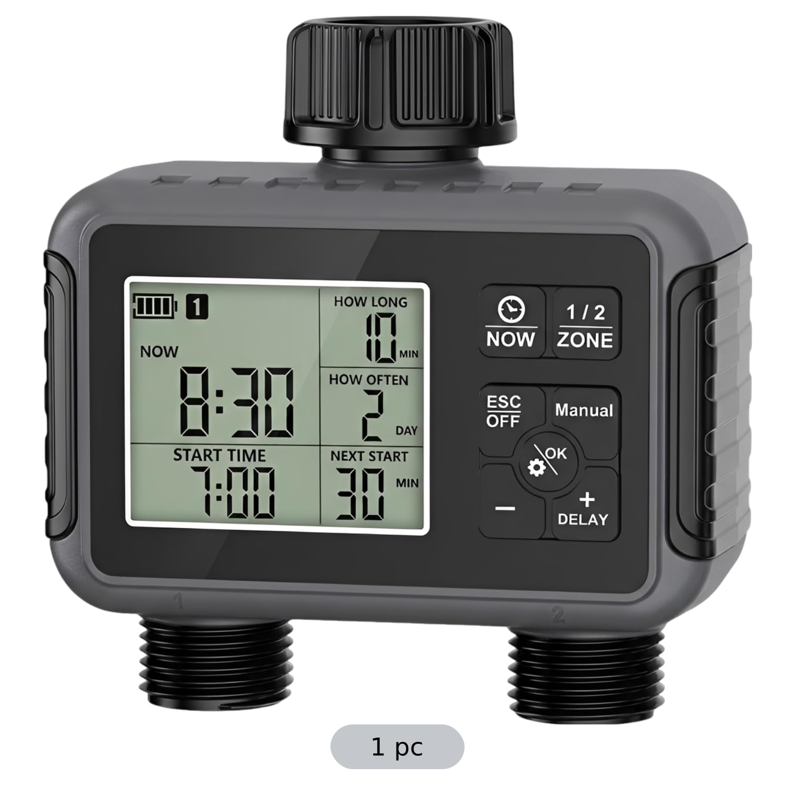 Timer di irrigazione programmabile, timer intelligente a doppia uscita con LCD, 1-360 minuti, timer per tubo dell'acqua ABS con 2 uscite, avvio e arresto automatico, include ritardo