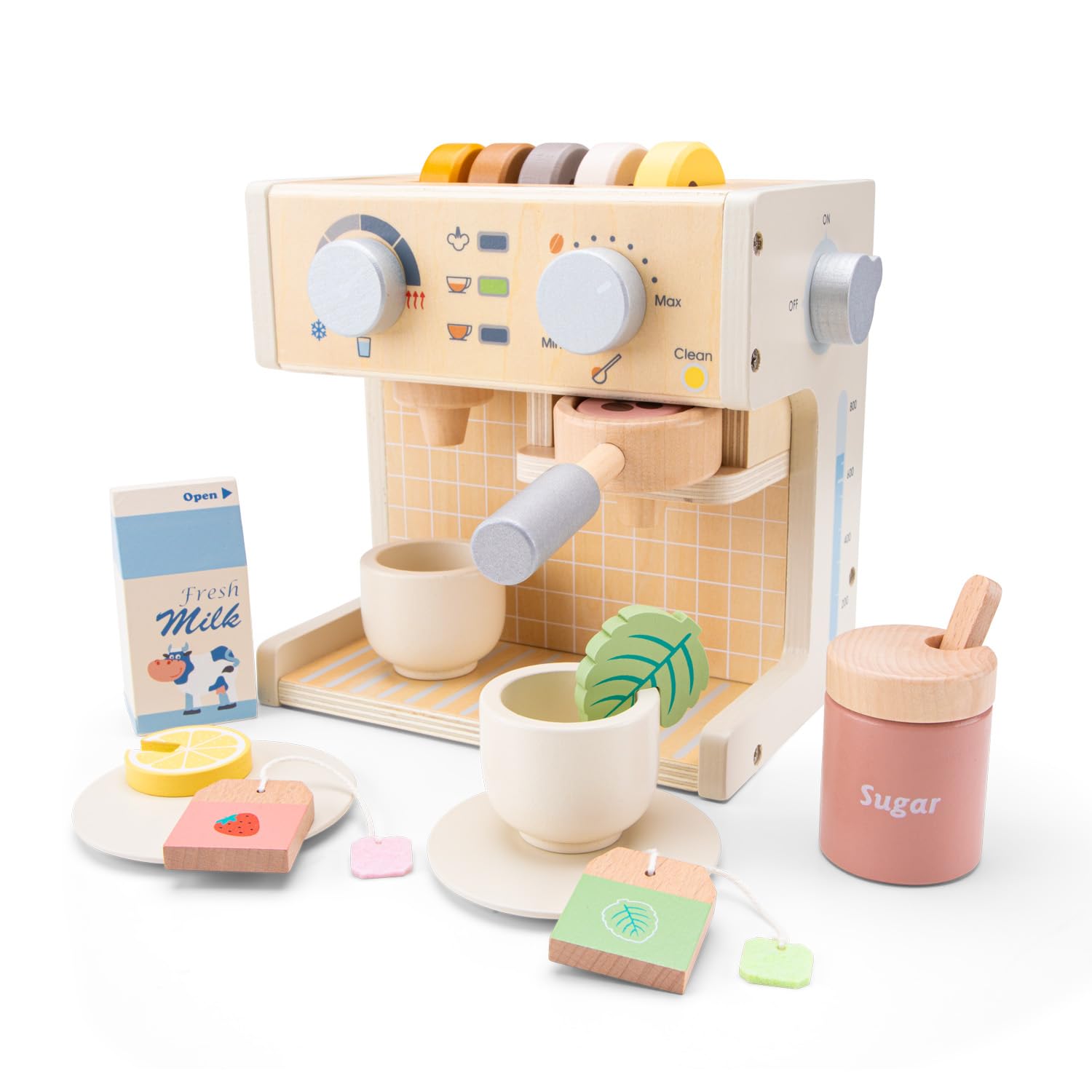 Woet® Wooden Coffee Machine Toy for Kids Age 3+ – Pretend Play Espresso Maker with Milk, Tea Bags & Accessories – FSC Kitchen Playset Gift for Boys and Girls