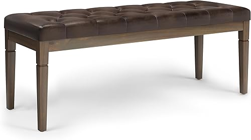 SIMPLIHOME Waverly - Banco otomano rectangular tradicional copetudo de 48 pulgadas de ancho en piel sintética vegana marrón envejecida, ensamblado,