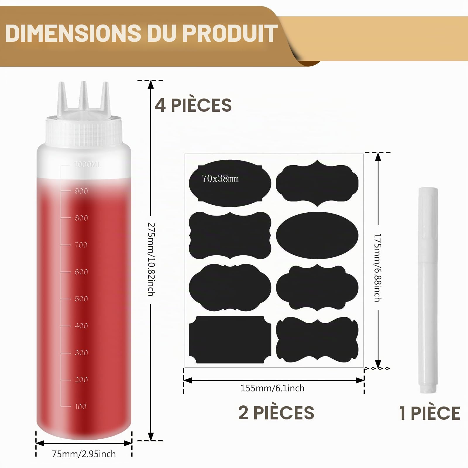 Vegena 4 Pièces Bouteille À Sauce 1000ml avec 3 Buses De Pulvérisation, Autocollant et Échelle pour Condiments, Ketchup, Huile d'olive