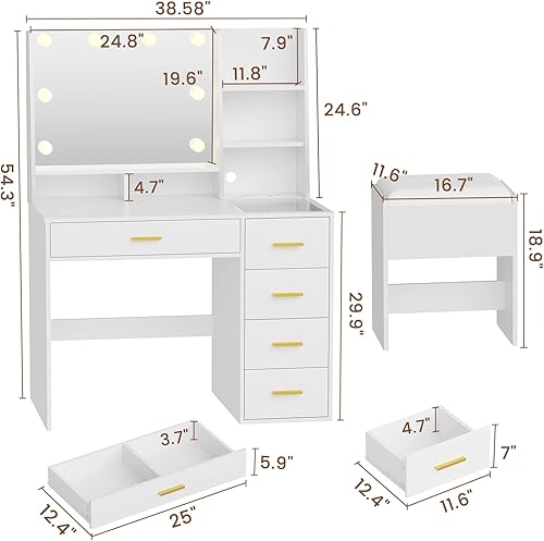 Miniatura 3 de MSmask Escritorio de tocador con espejo y luces, juego de tocador de maquillaje con estación de carga y silla, mesa de tocador blanca con 5 cajones