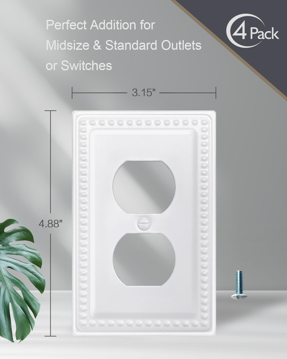 8-Pack Pure White Duplex Outlet Covers, 4-Pack Decorative Beaded Wall Plates and 4-Pack Classic Beadboard Electrical Outlet Covers, Durable Metal, 3.15''*4.88'', Midsize