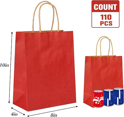 Miniatura 2 de Moretoes 110 bolsas de papel rojas con asas, bolsas de regalo de tamaño mediano de 8 x 4 x 10 pulgadas, bolsas de regalo para el día de San