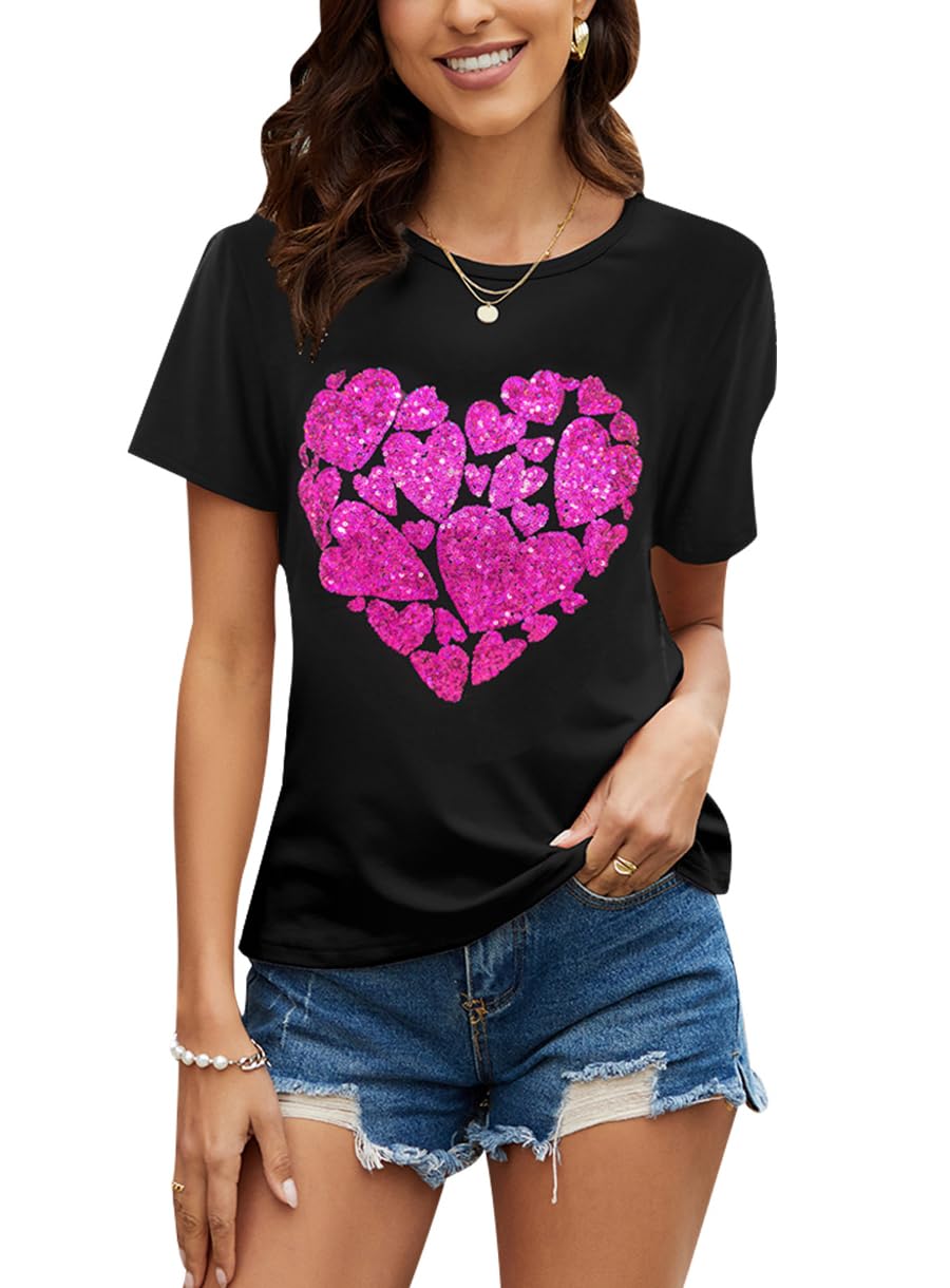 PESION Womens Short Sleeve T-Shirt Sequined Tops O-Neck Funny Graphic Tees Blouse
