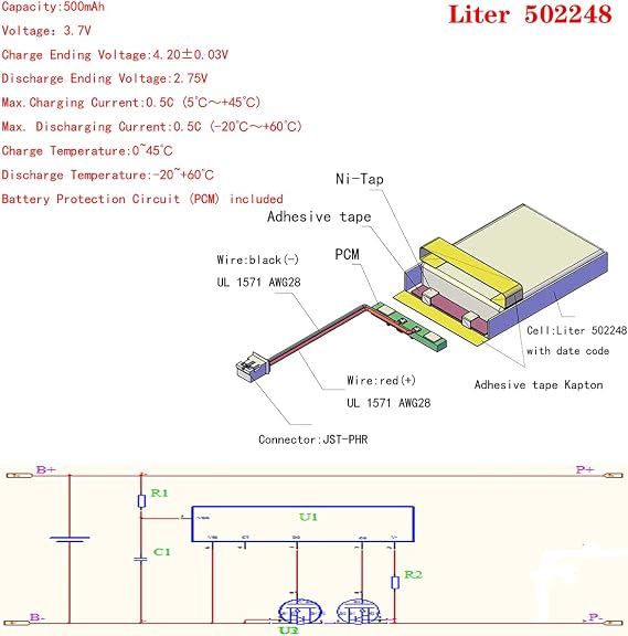 Liter energybattery 3.7V Lipo Battery 500mAh Rechargeable Lithium ion Polymer Battery 502248 with JST Connector