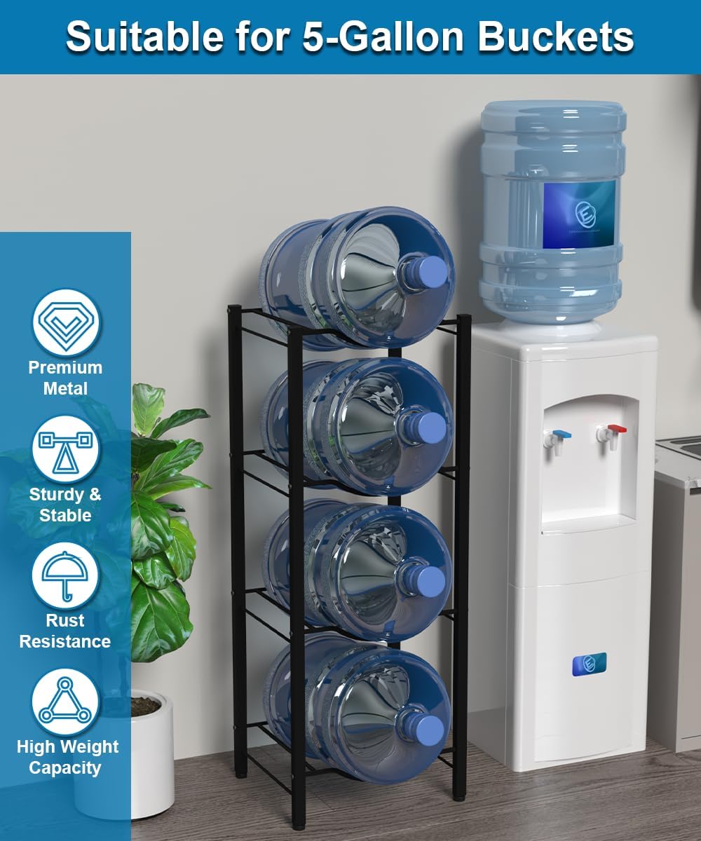 mocomax 5 Gallon Water Jug Rack, 4 Tier Detachable Water Bottle Holder Storage Organizer Shelf, Heavy Duty Water Jug Dispenser Stand for Kitchen, Office, Home, Black - Image 3