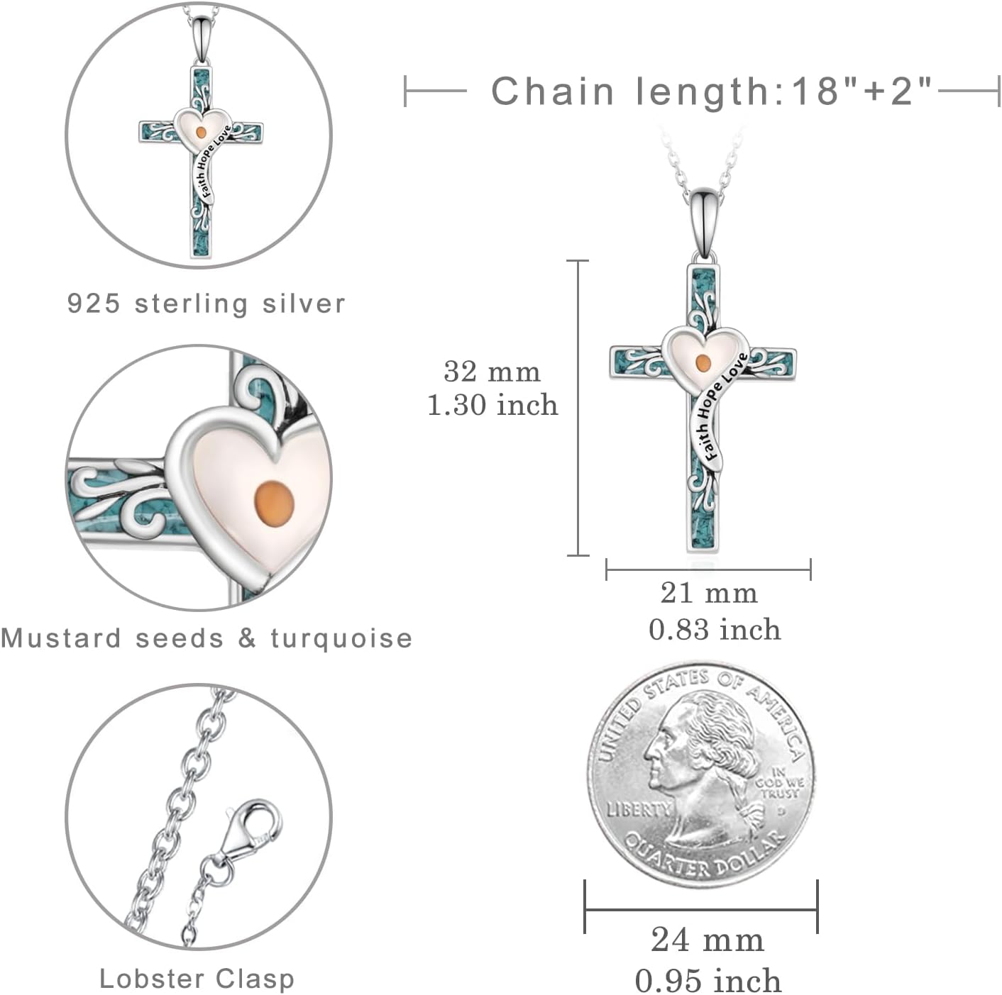 Turquoise Cross Necklace 925 Sterling Silver Faith Mustard Seed Necklace for Women Christian Turquoise Jewelry Faith Based Gifts - Image 4