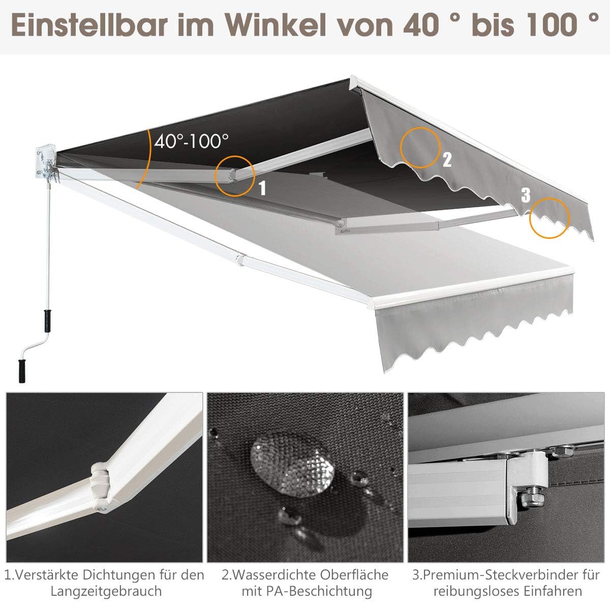 FANTASK Auvent à Bras articulés, Protection Solaire et Eau, 250 x 200 cm, Store rétractable avec Cadre en Aluminium et manivelle, Store de terrasse Angle réglable de 40 à 100 ° pour Balcon, terrasse