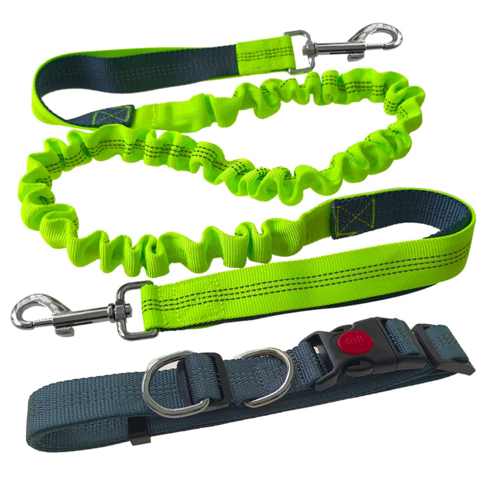 Aiqeer Correa Perro Manos Libres, Cinturón de Cintura Ajustable Gris y Correa Elástica Retráctil Verde, Correa Perros Trotar con Costuras Reflectantes