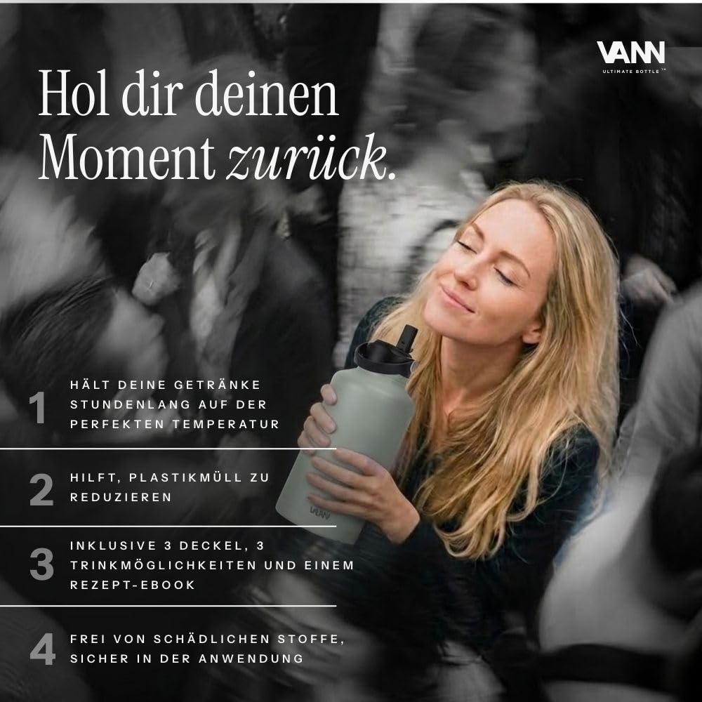 VANN Trinkflasche 2L mit Strohhalm - 3fach isoliert [24h kalt 12h warm] | Thermosflasche für Fitnessstudio, Sport - Trinkflasche Edelstahl [BPA-Frei] - Wasserflasche inkl. 5 Zubehörteile - Salbei