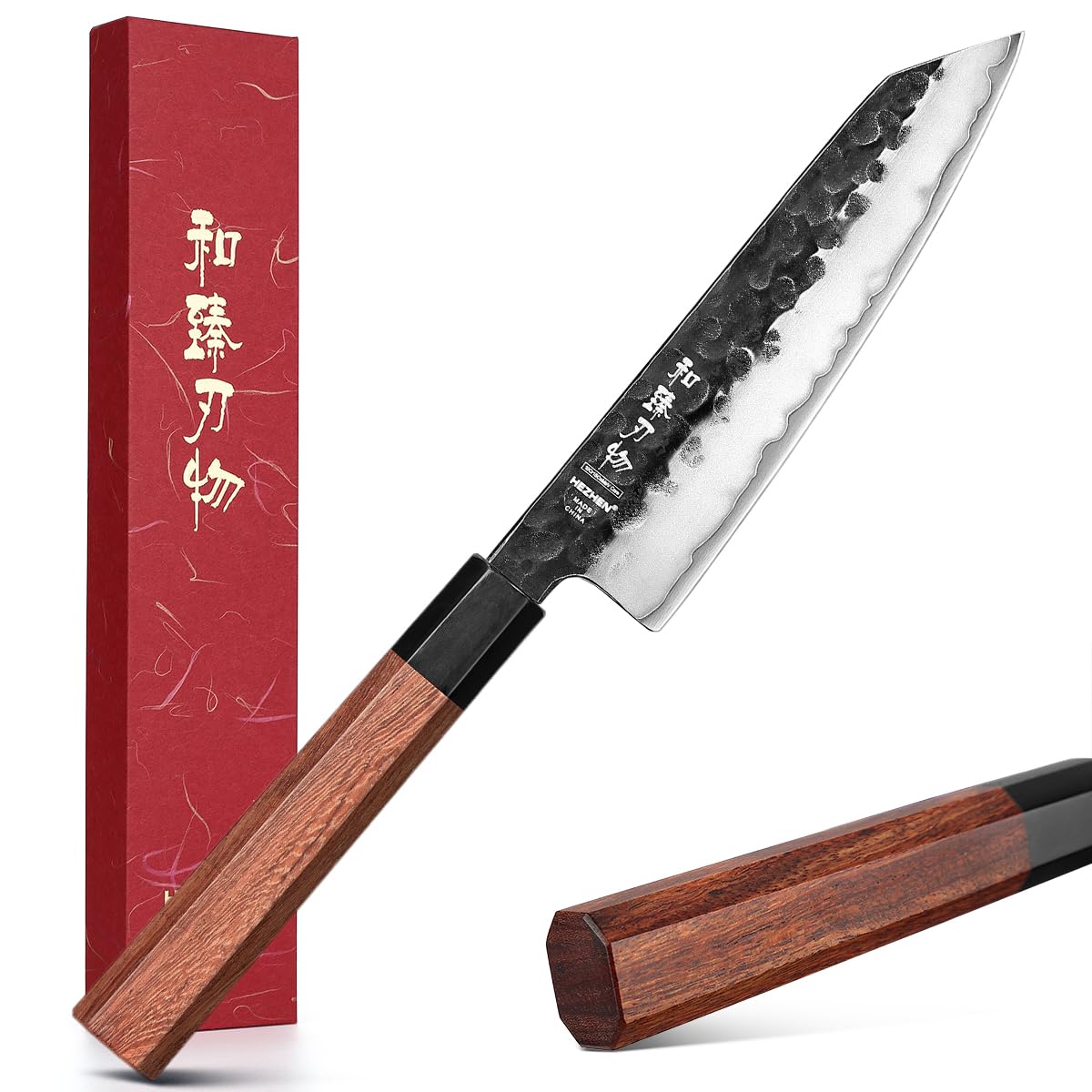 HEZHEN 15 cm Cuchillo de Kiritsuke Bunka Cuchillo de Chef Estilo Japonés | Hoja Negra, Acero Compuesto de 3 Capas, Mango Octogonal de Redwood, Cuchillos de Cocinero Para Verduras y Carnes
