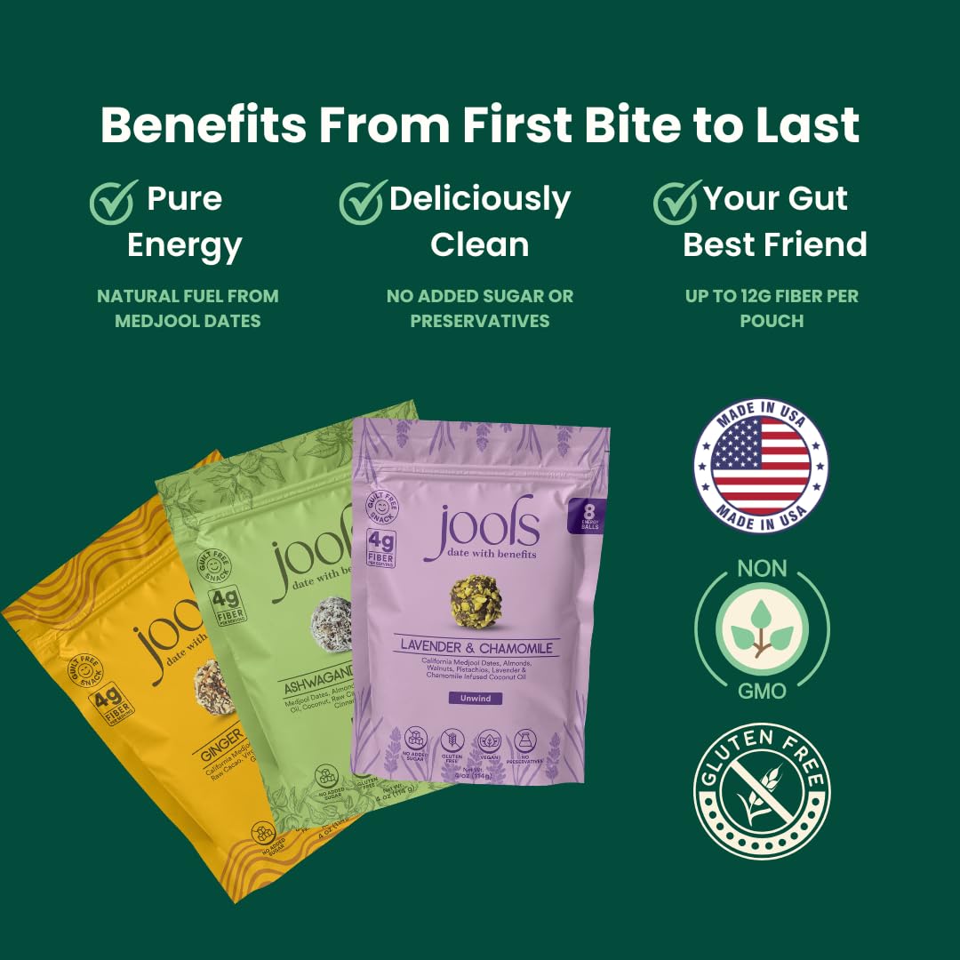Jools High Fiber Date Bites Variety Pack | No Added Sugar, Plant-Based Superfood Snack with Ashwagandha & Maca, Ginger & Turmeric, Chamomile & Lavender - Vegan, Gluten Free - 3 Pack