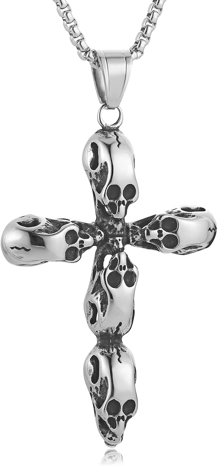 HZMAN Gothic Punk Skull Cross Pendant Necklace, Stainless Steel Adjustable Chain for Men & Women, Dark Elegant Everyday Jewelry