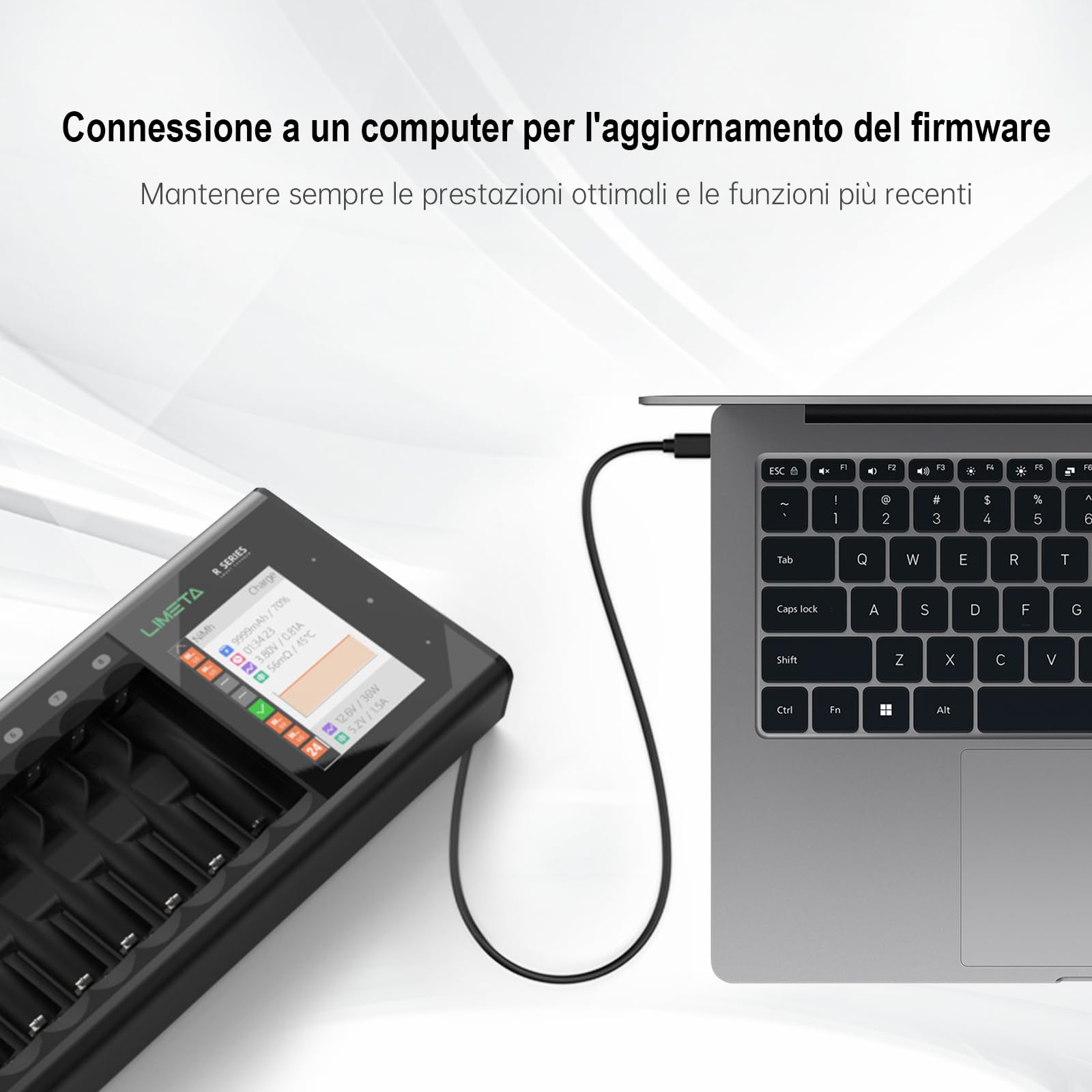 LIMETA Caricabatterie per Batterie AA AAA,Caricabatterie Rapido Universale a 8 Slot con Display LCD,Funzione di Analisi della Scarica,Ingresso di USB C,per NIMH NICD LiHv Li-Ion LiHv LiFePO4 Eneloop