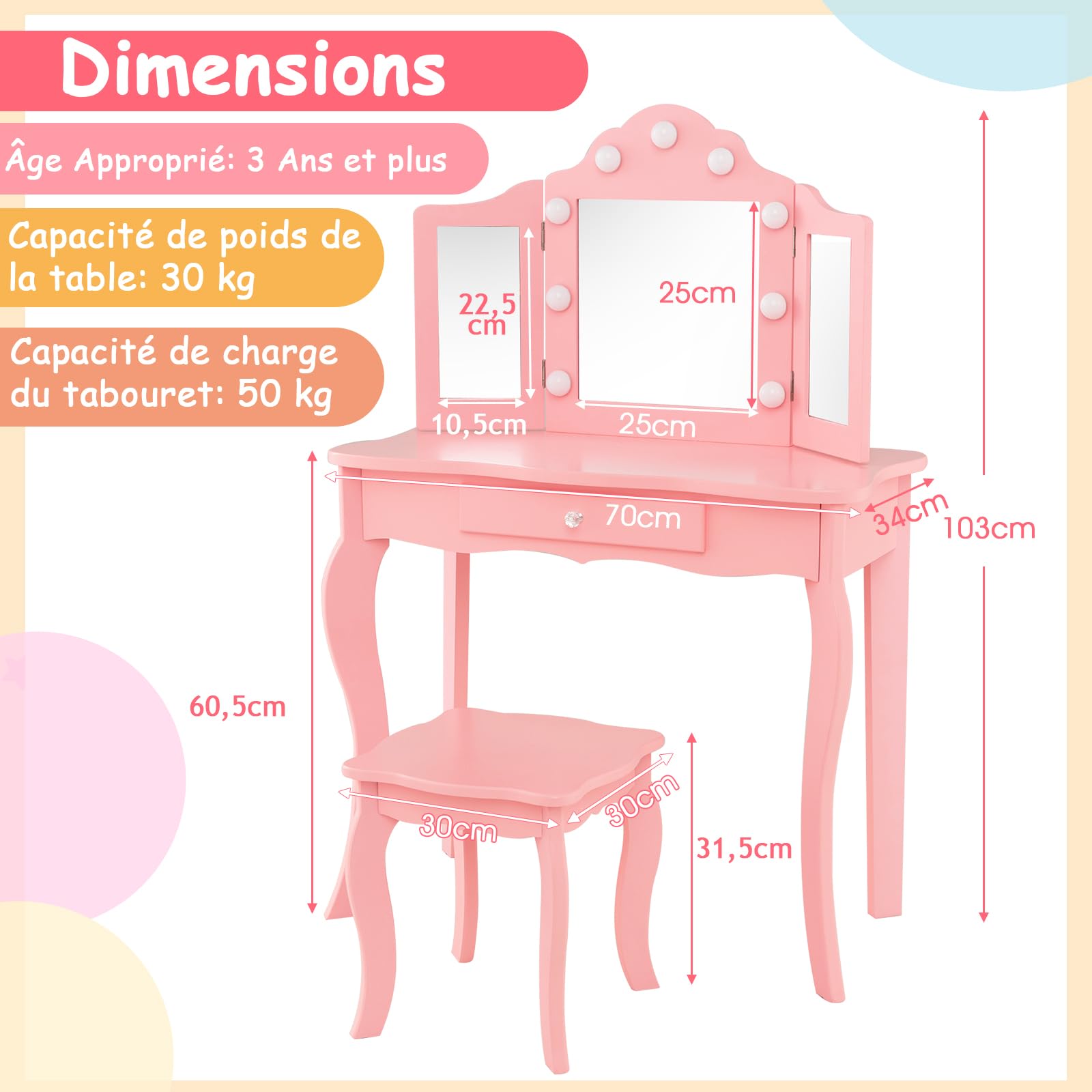 DREAMADE Coiffeuse Enfants Fille avec Tabouret&9 Lumières LED,Table de Maquillage Princesse 3+Ans avec Miroir Amovible&Tiroir&Dispositif Anti-Bascule,Bureau Enfant Charge 50KG(Rose)