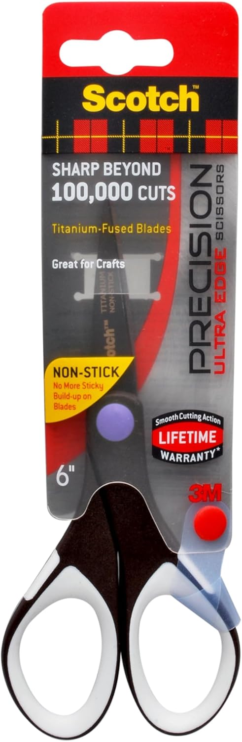 Scotch 6" Precision Ultra Edge Titanium Non-Stick Scissors, Ideal for Fabric, Crafts, Cardstock and Photos (1466TUNS-MIX)