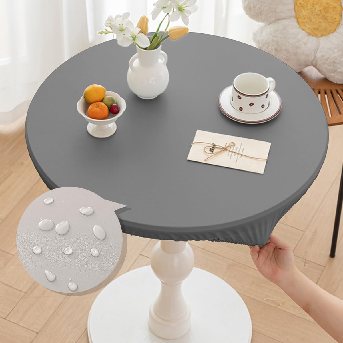 Morbuy Round Tablecloth Outdoor Wipe Clean Waterproof PU Leather Table Cloths Stain Resistant Wipeable Kitchen Table Cover with Elastic Edges for Home Party (Dark Gray,Table Diameter 150cm)