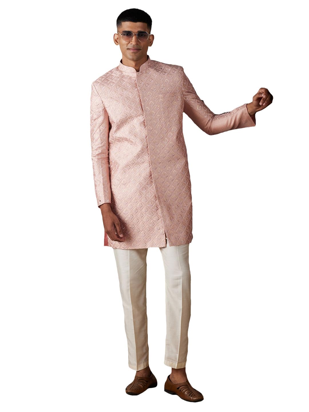 Men's Peach Silk Blend Sherwani Set | Thread Work Silk Blend Sherwani And Pant Style Pyjama