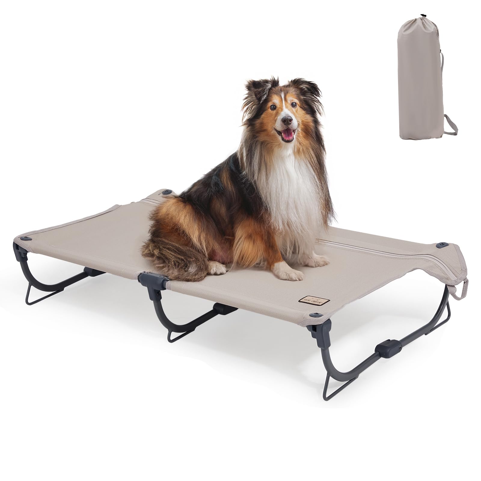 Daisy Cot, Medium Foldable Elevated Dog Bed, Portable Raised Outdoor Folding Dog Cot, Cooling, Chew Proof, Waterproof, Heavy Duty Up to 160 lbs for Camping/Home, Brown, 32"x 19"x6"
