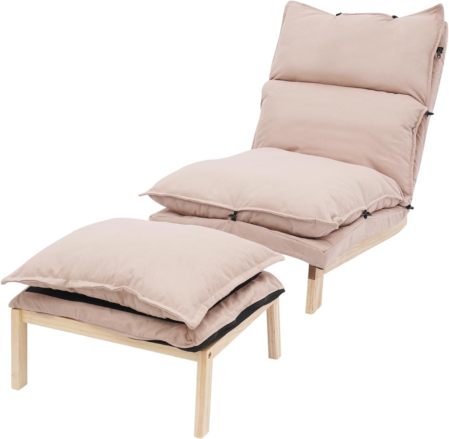 Modern Folding Floor Chair with with Ottoman, 5-Position Adjustable Backrest & Ergonomic Design, Single Lazy Sofa Leisure Balcony Adjustable Recliner for Living Room Bedroom, Beige