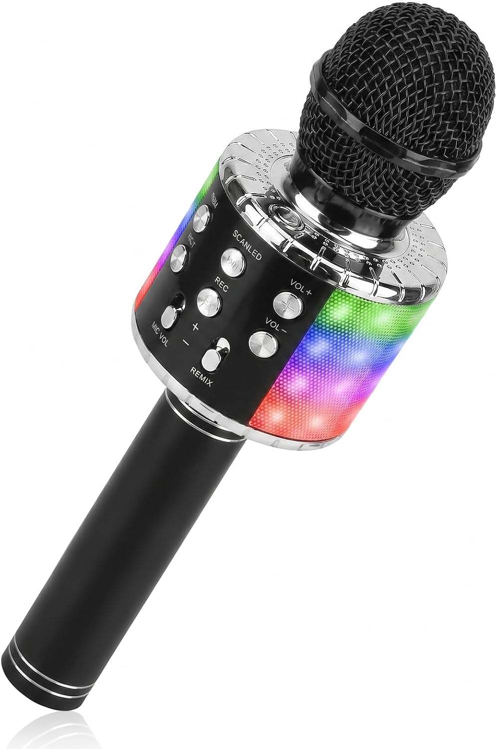 ShinePick Children's Bluetooth 4-in-1 Wireless Karaoke Microphone Portable LED Microphone Toy from 4-12 Years Home KTV Karaoke Device Compatible with iOS Android PC Black